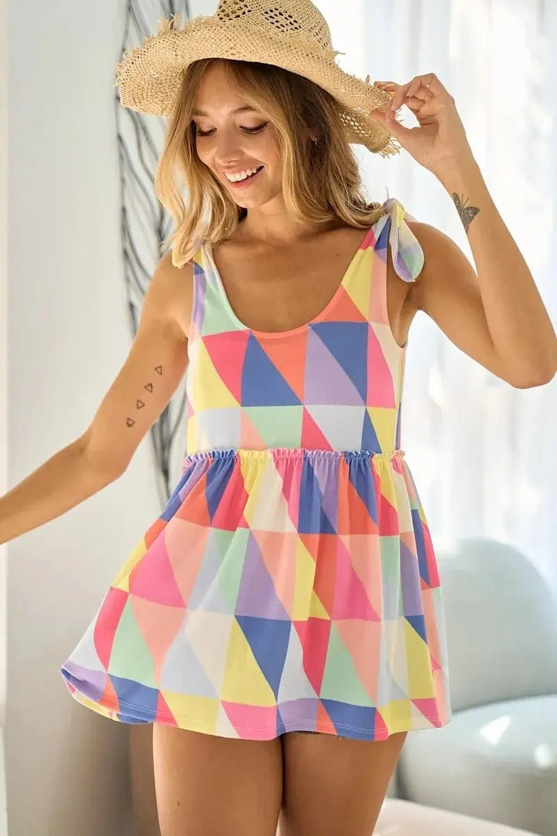 BiBi Multi Color Block Bruhsed Tied Ribbon Shoulder Top - Love Salve